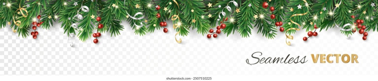 Christmas tree seamless border, frame. Holly berries and ribbons decoration. For Christmas season and new year headers, banners, party posters. Transparent background can be removed in vector file. 