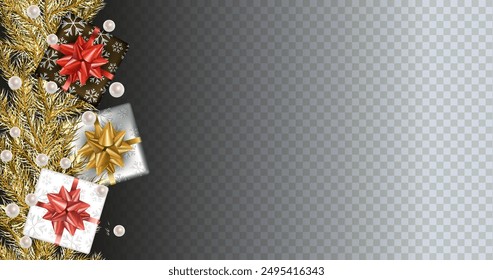 Christmas tree seamless border. Golden Christmas tree, gift box, pearl beads on black transparent. Christmas and New year pattern. Great for posters, headers, seasonal wallpaper, winter background