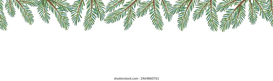 Borde sin costuras del árbol de Navidad aislado en blanco. Navidades de ramas de abeto verde de estilo plano de moda dibujado a mano Larch, Pino, árbol de hoja perenne Anuncio inconsútil para la decoración de vacaciones. Ilustración vectorial