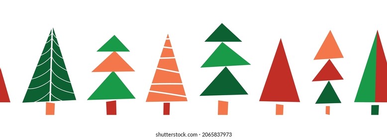 Christmas tree seamless border. Repeating vector pattern horizontal modern abstract paper cut shapes. Decorative Winter holiday design for ribbon, greeting card, scrapbooking, footer, header, dividers