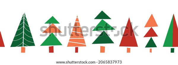 Christmas tree seamless border. Repeating vector\
pattern horizontal modern abstract paper cut shapes. Decorative\
Winter holiday design for ribbon, greeting card, scrapbooking,\
footer, header,\
dividers