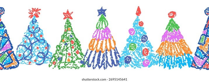 Weihnachtsbaum nahtlose Rand gesetzt. Wie Kinderhand Zeichnung Buntstift oder Bleistift einfache naive Muster. Kinder Vektor Doodle fröhlich lustig bunt unschuldig einfach Kunst Cartoon flach hell Kritzel Design