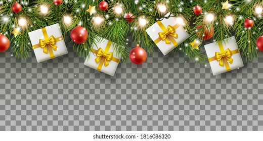 Christmas tree seamless border. Vector frame with green fir branches, red balls, light garland and white gift boxes isolated on transparent background. Festive xmas evergreen pine decor banner