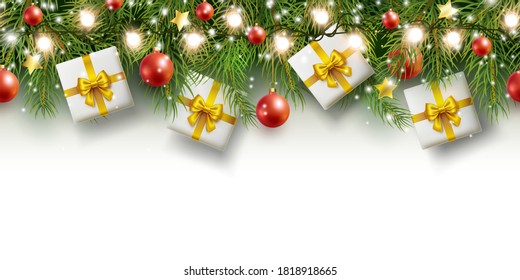 Christmas tree seamless border. Vector frame with green fir branches, red balls, light garland and gift boxes isolated on white background. Festive xmas evergreen pine decor banner