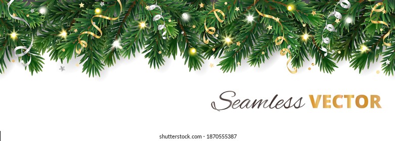 Christmas tree seamless decoration isolated on white. Evergreen tree with lights and ribbons. Festive border, frame. Realistic vector. For holiday headers, banners, party posters.