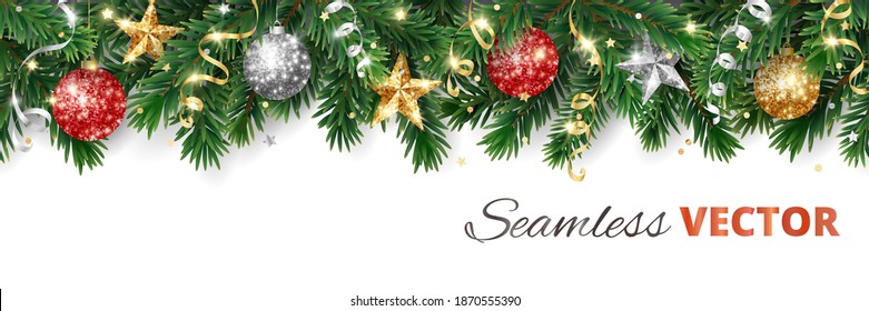 Christmas tree seamless decoration isolated on white. Evergreen tree with glitter ornaments. Red, gold and silver balls and stars. Realistic vector. For holiday headers, banners, party posters.