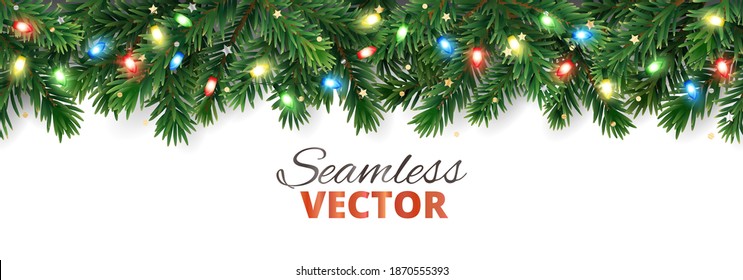 Christmas tree seamless decoration isolated on white. Evergreen tree with colorful lights and ribbons. Festive border, frame. Realistic vector. For holiday headers, banners, party posters.