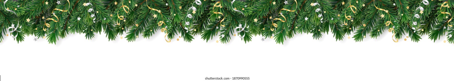 Christmas tree seamless decoration isolated on white. Evergreen tree with confetti and ribbons. Festive border, frame. Realistic vector. For holiday headers, banners, party posters.