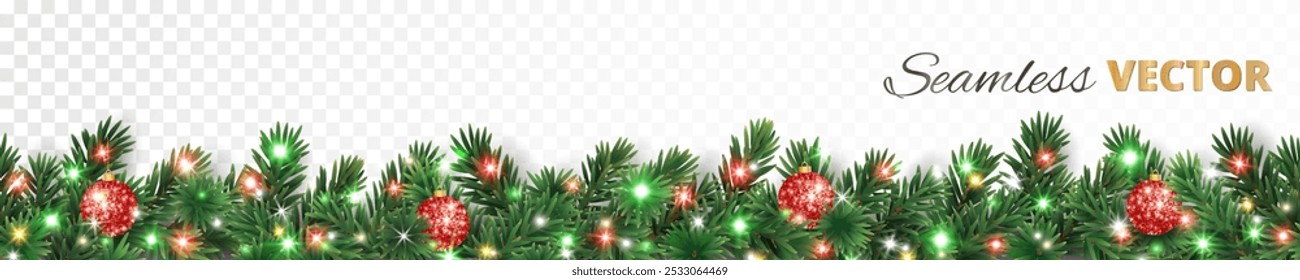 Christmas tree seamless decoration. Red glitter ornaments, colorful Christmas lights. For holiday headers, banners, party posters. Transparent background can be removed in vector file.