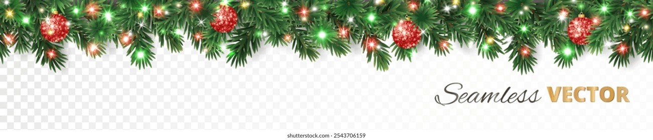 Christmas tree seamless decoration. Red glitter ornaments, colorful Christmas lights. For holiday headers, banners, party posters. Transparent background can be removed in vector file.