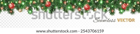 Christmas tree seamless decoration. Red glitter ornaments, colorful Christmas lights. For holiday headers, banners, party posters. Transparent background can be removed in vector file.