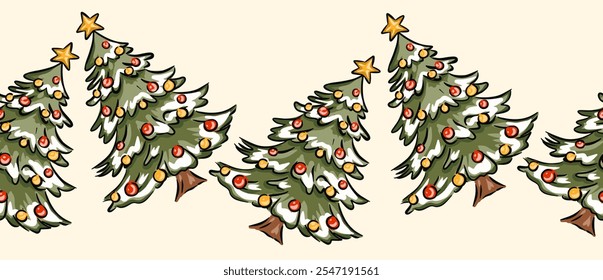 Árvore de Natal borda de borda sem costura com abeto de árvores sempre verdes, novo design de fita padrão ano