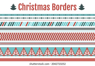 Christmas tree seamless frame, line, border pattern. Xmas fir washi tape strips, New Year ribbons, holiday tree repetitive print, winter forest endless wallpaper, noel fabric, wrapping seamless design