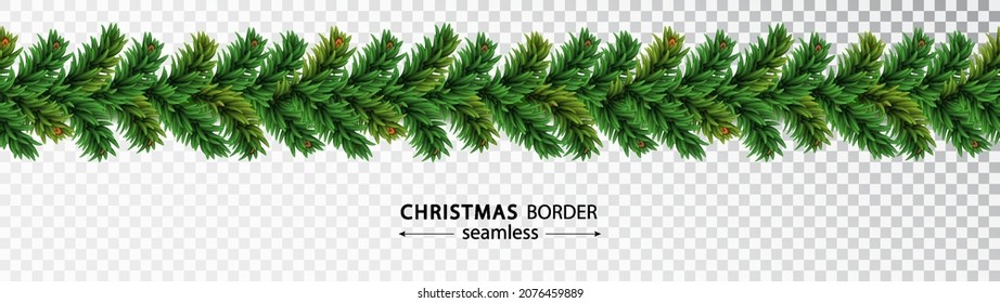 Christmas tree seamless garland with branches isolated on transparent background. Holiday background