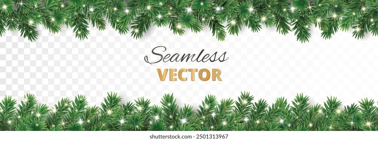 Christmas tree seamless garland with glowing sparkling Christmas lights decoration. Vector border for holiday banners, party posters, headers. Transparent background can be removed in vector file.