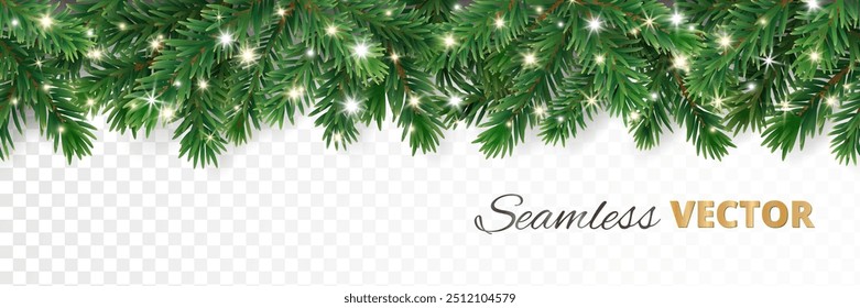 Christmas tree seamless garland with glowing sparkling Christmas lights decoration. Vector border for holiday banners, party posters, headers. Transparent background can be removed in vector file.