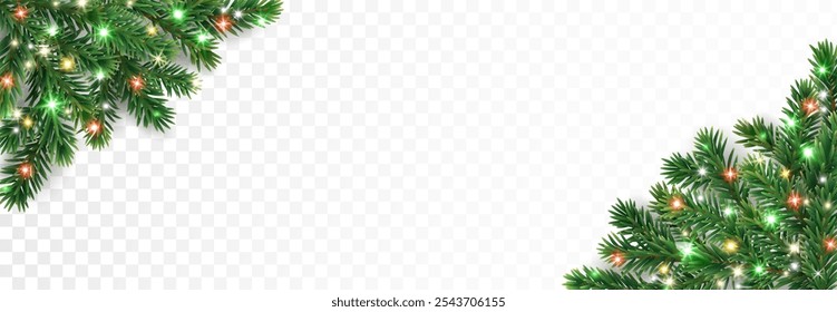 Christmas tree seamless garland with glowing sparkling Christmas lights. Vector corner decoration for holiday banners, party posters, headers. Transparent background can be removed in vector file.