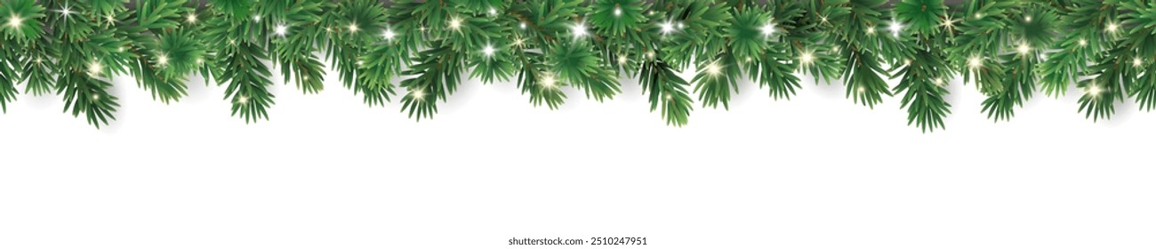 Christmas tree seamless garland on transparent background. Realistic pine-tree branches with glowing sparkling Christmas lights decoration. Vector border for holiday banners, party posters, headers.