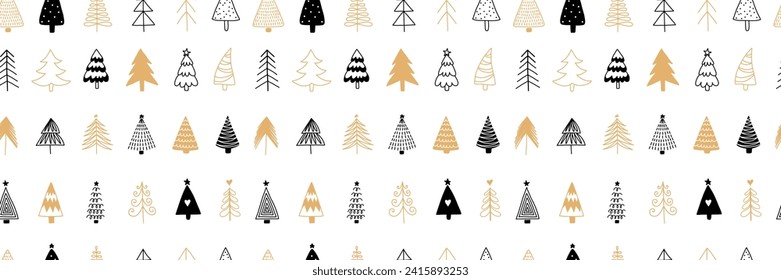 Christmas tree seamless pattern background. Christmas tree illustration hand drawn packing paper design, winter holiday decoration, black and gold Christmas trees modern background