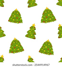 Christmas tree seamless pattern. Christmas background with decorated fir tree. Vector hand drawn print isolated on white background. Illustration for printing, packaging, wrapping paper