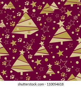 Christmas tree seamless pattern in beige and red. Firs abstract pattern. Vector