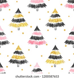 Christmas tree seamless pattern in black, golden and pink colors.