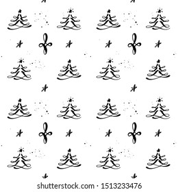Weihnachtsbaum nahtloses Muster. Schwarz-Weiß-Kalligrafie für neue Jahr- und Winterverpackungen
