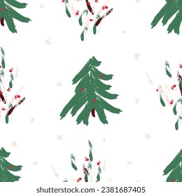 Christmas tree seamless pattern in cartoon style on white background. New year trees hand drawn vector texture design