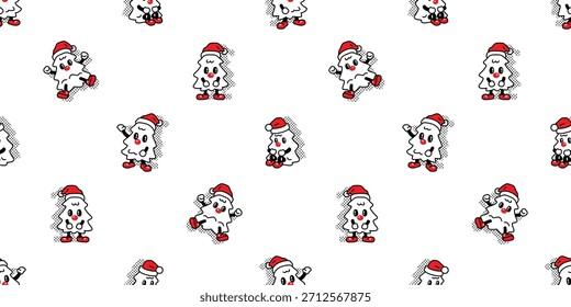 christmas tree seamless pattern cartoon character mascot vector snow doodle scarf isolated gift wrapping paper tile wallpaper repeat background illustration design