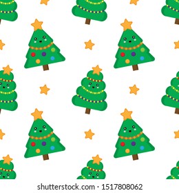 Christmas tree seamless pattern. Cute kawaii fur trees. 