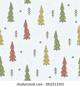 Christmas tree seamless pattern. Cute hand drawn snow winter forest background for gift wrapping paper fabric textile design. New year simple village decoration. Scandinavian style vector illustration