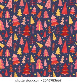 Christmas tree seamless pattern. Cute holiday background with cartoon ornaments. Vector illustration