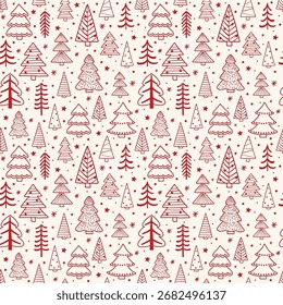 Árvore de Natal padrão sem costura. Fundo bonito feriado com enfeites de desenho animado. Ilustração vetorial