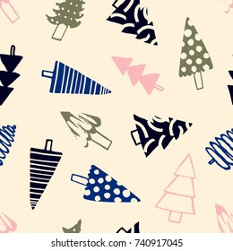 Christmas Tree seamless pattern. Different Fir Trees in modern design style background. Holiday texture, perfect for wrapping and packaging.