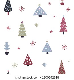 Christmas tree seamless pattern. Doodle xmas tree and snowflakes texture. Hand drawn Christmas design for greeting cards, wrapping paper, poster. Scandinavian pattern. Vector illustration.