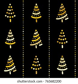 Christmas tree seamless pattern in golden colors isolated on black. Can be used for greeting card, invitation, banner, web design.