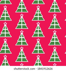 Weihnachtsbaum Nahtloses Muster. Grüne Weihnachtsbäume mit Sternen auf rosafarbenem Hintergrund, Vektormuster. Ideal für Kinderbekleidung, Stoff, Textilien, Kindergartendekoration, Scrapbooking, Wickelpapier.
