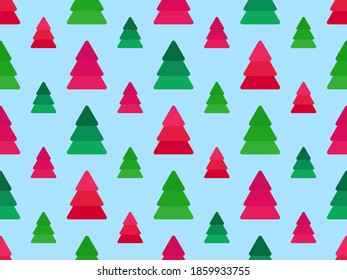 Christmas tree seamless pattern green and red color. Holiday time fir tree. Festive background for Christmas decorations, greeting cards and banners. Vector illustration