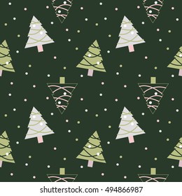 A Christmas tree seamless pattern in green, pink, grey, white and green background for Christmas holiday.