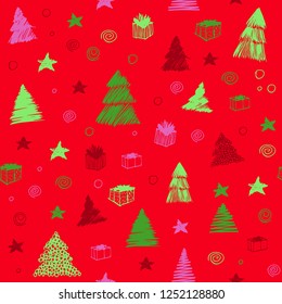 Christmas Tree seamless pattern. Hand drawn vector colored graphic sketch. Cute doodle background