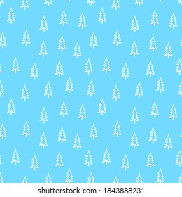 Christmas tree seamless pattern. Hand drawn doodle forest background. Retro holiday wraping paper. Vector blue monochrome pattern. Abstract vintage print for fabric, packaging.