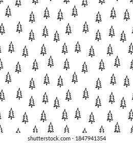 Christmas tree seamless pattern. Hand drawn doodle forest background. Retro holiday wraping paper. Vector monochrome pattern. Abstract vintage print for fabric, packaging.