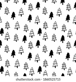 Patrón ininterrumpido del árbol de Navidad. Fondo del bosque de doodle dibujado a mano. Papel de envoltura de vacaciones retro. Patrón monocromo del vector. Impresión abstracta vintage para tela, embalaje.