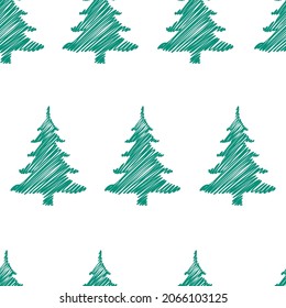 Christmas tree seamless pattern. Hand drawn green vector illustration isolated on white background. 