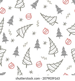 Christmas tree seamless pattern. Hand drawn doodle style winter christmas pattern. Vector illustration.