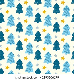 Patrón ininterrumpido del árbol de Navidad. Sello de invierno dibujado a mano textura de fondo de repetición linda, ilustración vectorial para impresión, papel, diseño, tela, decoración, envoltura de regalo, estilo vintage.