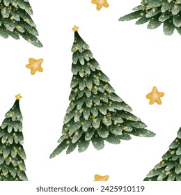 Christmas tree seamless pattern. Hand drawing winter fir tree. New year background