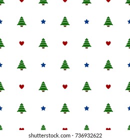 Christmas Tree Seamless Pattern with Heart and Star, Cute Pine Tree Background, Vector illustration