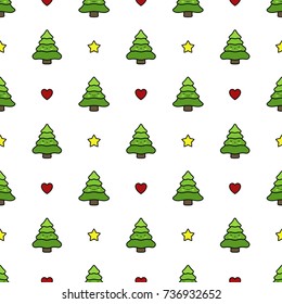 Christmas Tree Seamless Pattern with Heart and Star, Cute Pine Tree Background, Vector illustration