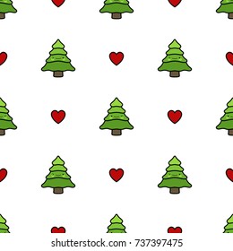 Christmas Tree Seamless Pattern with Heart, Cute Pine Tree Background, Vector illustration